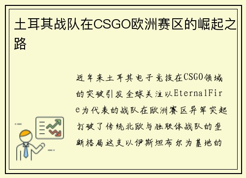 土耳其战队在CSGO欧洲赛区的崛起之路